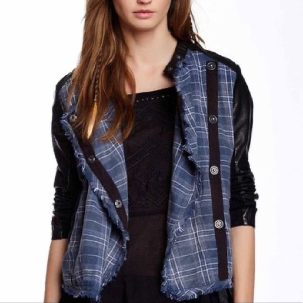 Free People plaid and vegan leather moto jacket